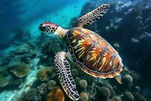 green sea turtle swimming near beautiful coral reef, under water sea turtles close up photo