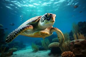 verde mar Tortuga nadando cerca hermosa coral arrecife, debajo agua mar tortugas cerca arriba foto