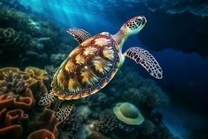 green sea turtle swimming near beautiful coral reef, under water sea turtles close up photo