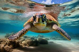 green sea turtle swimming near beautiful coral reef, under water sea turtles close up photo