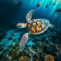 verde mar Tortuga nadando cerca hermosa coral arrecife, debajo agua mar tortugas cerca arriba foto