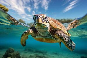 green sea turtle swimming near beautiful coral reef, under water sea turtles close up photo