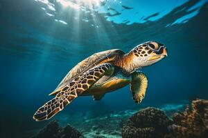 green sea turtle swimming near beautiful coral reef, under water sea turtles close up photo