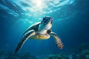 green sea turtle swimming near beautiful coral reef, under water sea turtles close up photo