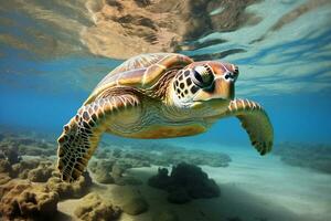 green sea turtle swimming near beautiful coral reef, under water sea turtles close up photo