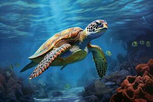 green sea turtle swimming near beautiful coral reef, under water sea turtles close up photo