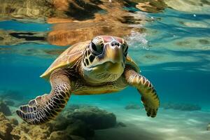 green sea turtle swimming near beautiful coral reef, under water sea turtles close up photo