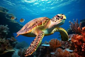 green sea turtle swimming near beautiful coral reef, under water sea turtles close up photo