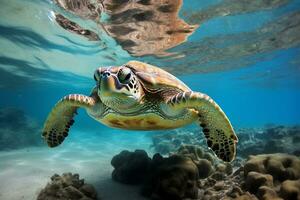 green sea turtle swimming near beautiful coral reef, under water sea turtles close up photo