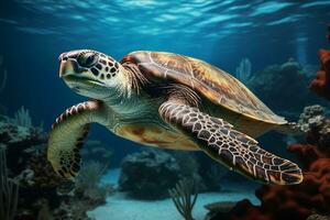 verde mar Tortuga nadando cerca hermosa coral arrecife, debajo agua mar tortugas cerca arriba foto