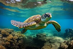 green sea turtle swimming near beautiful coral reef, under water sea turtles close up photo