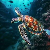 green sea turtle swimming near beautiful coral reef, under water sea turtles close up photo