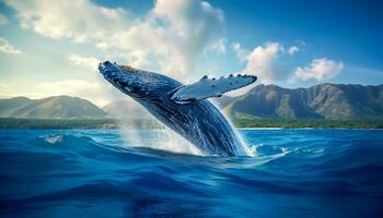 humpback whale jumping out of the water at sunset, The whale is spraying water and ready to fall on its back photo