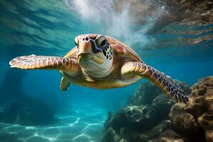 green sea turtle swimming near beautiful coral reef, under water sea turtles close up photo