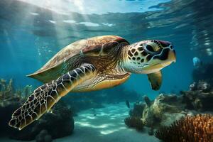 verde mar Tortuga nadando cerca hermosa coral arrecife, debajo agua mar tortugas cerca arriba foto