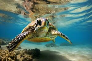 green sea turtle swimming near beautiful coral reef, under water sea turtles close up photo