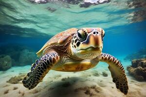 green sea turtle swimming near beautiful coral reef, under water sea turtles close up photo