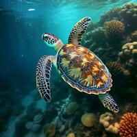 verde mar Tortuga nadando cerca hermosa coral arrecife, debajo agua mar tortugas cerca arriba foto