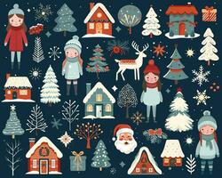 Big set of cute christmas elements. Scandi christmas illustration, houses, snowy trees, girls, deer, santa claus. vector