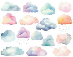 Set of watercolor vector clouds. Isolated on white. Fantasy pastel color. Delicate, nursery decoration.