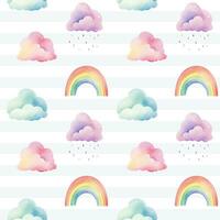Seamless colorful rainbow and clouds pattern. Watercolor clouds rainbows vector background in pastel colors