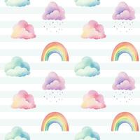 Seamless colorful rainbow and clouds pattern. Watercolor clouds rainbows vector background in pastel colors