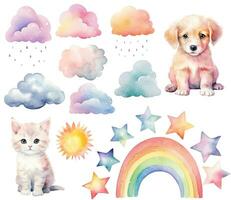 Watercolor puppy, kitty. Set of vector hand drawn nursery elements, clouds rainbow, stars, wall stickers