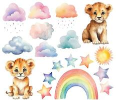 Watercolor baby lion. Set of vector hand drawn lions, nursery elements, clouds rainbow, stars, wall stickers. Pastel colors