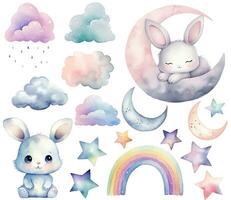 Watercolor bunny, sleeping rabbit. Set of vector hand drawn nursery elements rainbow moon, stars, wall stickers.