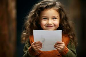 ai generativo. contento pequeño niña lee su padres el letra ella escribió a Papa Noel claus foto
