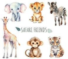 Wild safari baby animals watercolor. African zebra, elephant, tiger, baby lion hand drawn vector set.