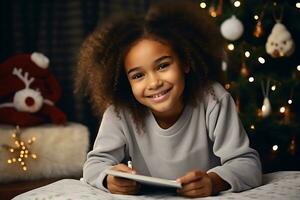 AI Generative. Happy African American child girl writing a letter to Santa Claus. The girl looks at the camera and smiles photo