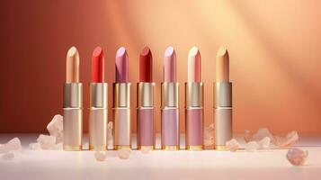 Assorted luxe lipsticks with glass accents. AI Generated. photo