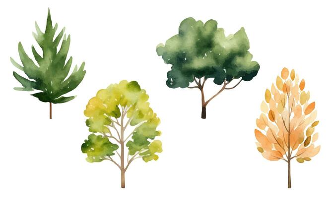 Collection of scandi watercolor trees. Trendy vector plants. Cute abstract colorful trees clipart.