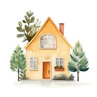 Scandinavian house and trees. Cute Scandi watercolor home. European building exterior. Childish vector illustration