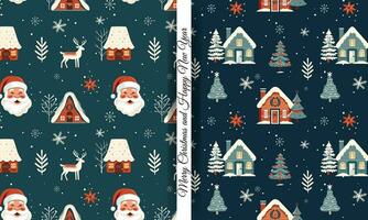 Set of winter seamless patterns with cute santa and houses. Scandinavian Christmas pattern. Winter background vector