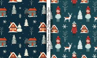 Set of winter seamless patterns with cute girls and houses. Scandinavian Christmas pattern. Winter background vector