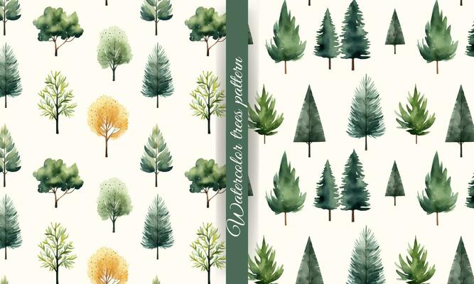 Set of watercolor trees seamless pattern. Cute trees wallpaper. Trendy scandi vector backgrounds