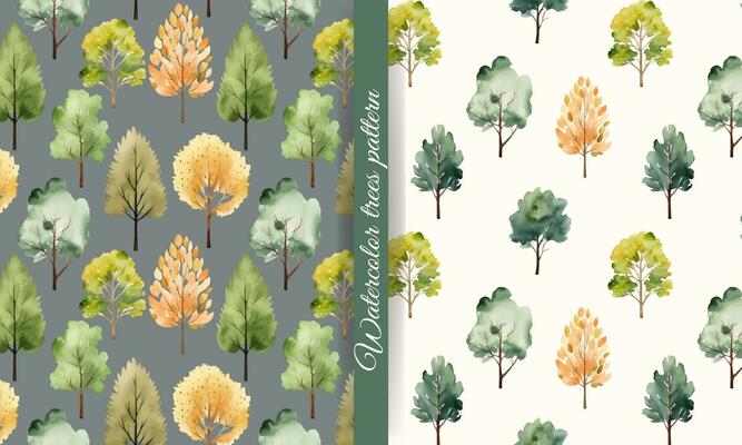 Set of watercolor trees seamless pattern. Cute trees wallpaper. Trendy scandi vector backgrounds
