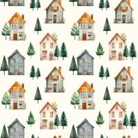 Cute watercolor buildings and trees. European houses seamless pattern. Trendy scandi vector background