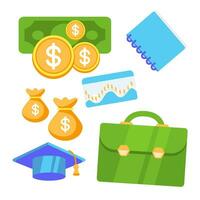 Set of vector elements on the theme of business and finance, briefcase, coins, money, graphs, etc.