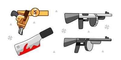 Set of vector elements weapons, knife and guns in a cute cartoon style.