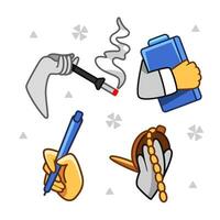 Set of vector elements, hands in cartoon style, mouthpiece, folder, pen, watch.