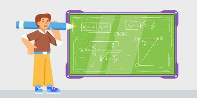 Vector illustration of a student at a blackboard with mathematical formulas in a cartoon style.