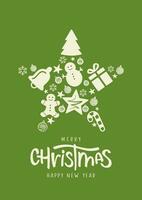 Christmas card with Merry Christmas and Happy New Year lettering with star made of christmas decorations. Christmas card concept vector