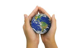 Earth planet in female hand isolated on white - - Elements of this image furnished by NASA photo