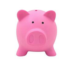 Front view of pink piggy bank isolated on white background. photo