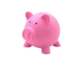 Side view of pink piggy bank made from plastic isolated photo