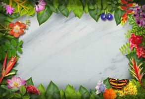 Nature border with flower and green leaf background photo