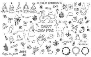 Large winter collection for Christmas and New Year. Symbol of 2024 is Dragon. Winter holiday attributes Santa, snowman, gifts, Christmas trees, wreaths. Various hand drawn doodle Christmas elements. vector